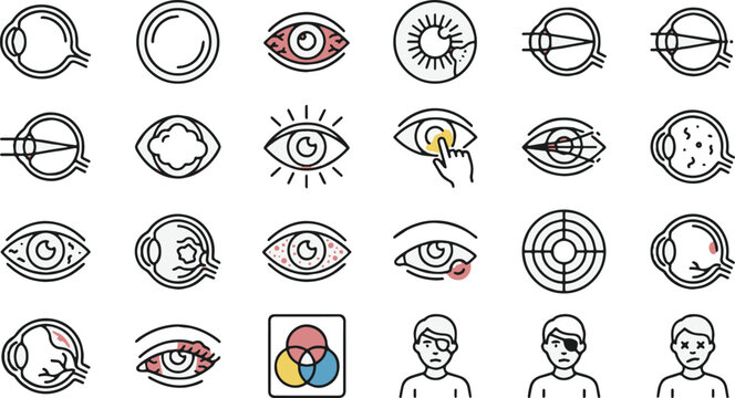Eye Diseases, Ophthalmology Disorders, and Vision Problems Vector Line Icons Set (Includes Conjunctivitis Red Eye, Color Blindness, Astigmatism, Cataract, and Eyepatch Concepts)