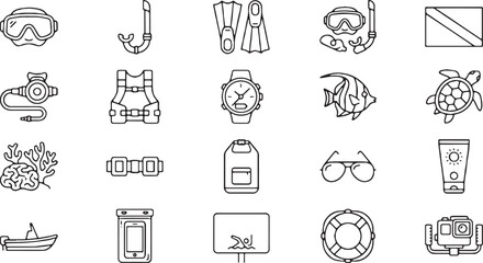 Scuba Diving, Snorkeling, and Underwater Ocean Adventure Vector Line Icons Set (Includes Diving Mask, Fins, Regulator, Life Vest, Marine Life, and Water Sports Equipment) © Naima