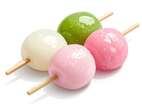 Traditional Japanese Sanshoku Dango Sweet Rice Flour Dumplings on Skewer Isolated on White Background
