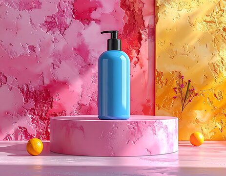 A blue bottle on a pink platform with yellow objects and flowers