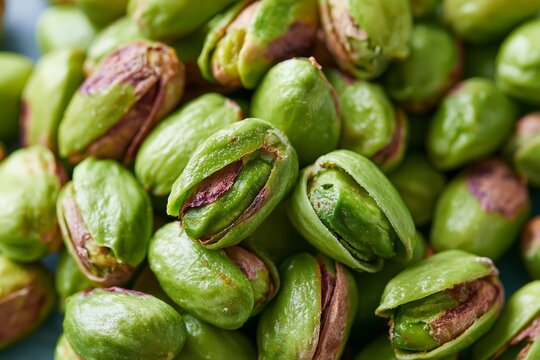 Extreme close up macro of shelled pistachios showcasing vivid green color and unique textures, highlighting the natural features of the nuts in a detailed arrangement