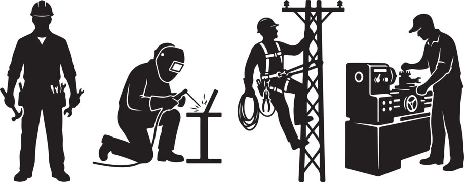 four industrial profession silhouettes isolated vector set.