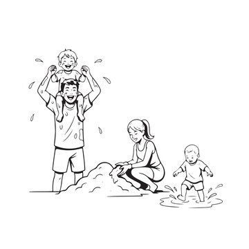 South Korea Boryeong Mud Festival July Family Mud Zone Bold Silhouette Line Art Vector Illustration
