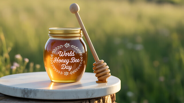 A jar of honey labeled 'World Honey Bee Day' with a wooden dipper, placed on a marble surface in a sunny meadow.