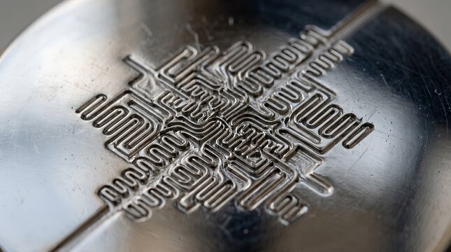 Futuristic circuit pattern engraved on metal surface, industrial microchip design on steel, high-tech electronic motherboard texture on silver hardware