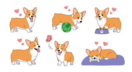 Naklejka premium Adorable corgi puppy characters in playful poses like sleeping, eating from a bowl, playing with a ball, and chasing a butterfly with red hearts.