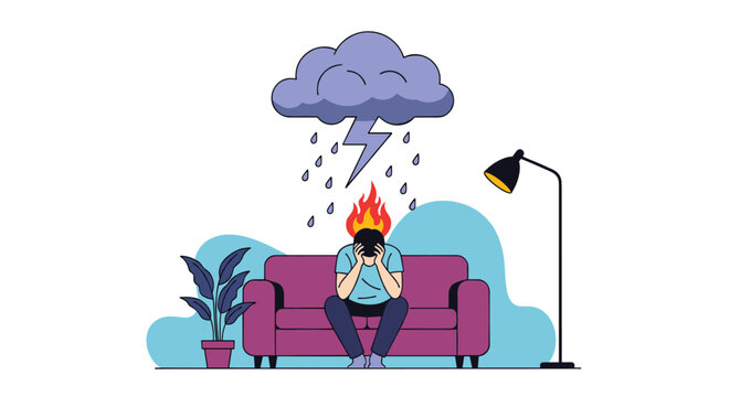 Emotional illustration of a man sitting on a sofa under a dark rain cloud with lightning, symbolizing depression, anxiety, and mental stress.