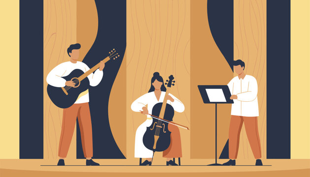 Musicians performing classical and acoustic music with guitar and cello on a stage with abstract wooden background panels.