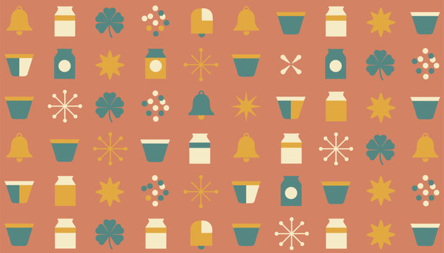 Seamless pattern of retro mid-century modern icons with clovers, bells, and milk bottles on a terracotta background.