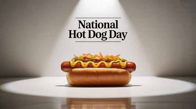 A hot dog with mustard and relish on a bun, spotlighted under text reading 'National Hot Dog Day'
