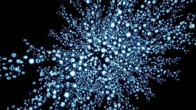 核分裂と連鎖反応の抽象的表現。単一のコアからフラクタル状に爆発・増殖する粒子のループ映像