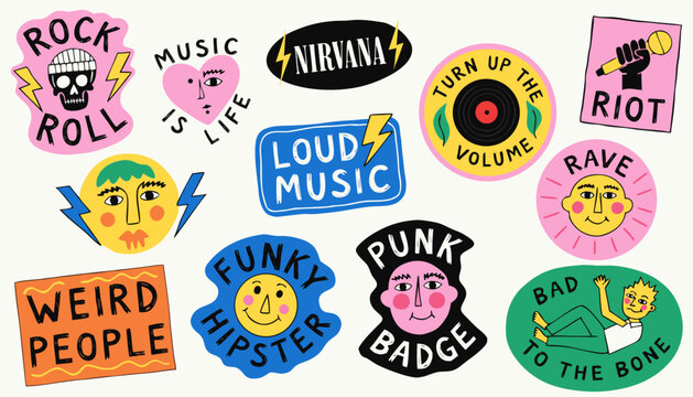Punk rock badges, music stickers, funky hipster patches, loud music icons