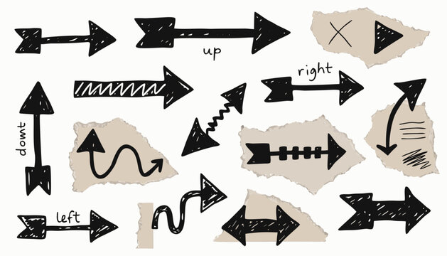 Hand drawn arrows, directional icons, black and beige, 20 piece vector illustration set