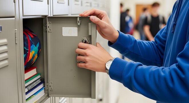 Close Up of Male Student Hands Opening Metal Locker with Combination Dial in School Hallway