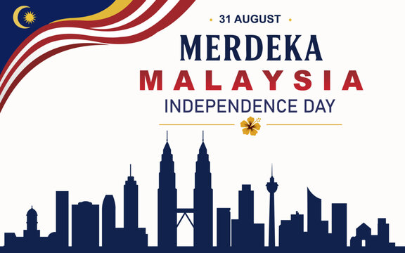 Malaysia independence day flag ribbon with cityscape banner vector.