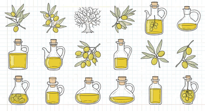 Assorted collection of olive oil glass bottles and olive branches with fruits rendered in a charming hand drawn artistic style.