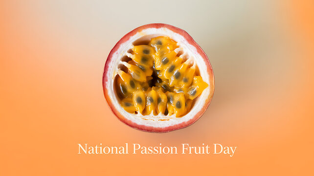 A halved passion fruit with vibrant yellow pulp and black seeds against an orange gradient background, celebrating National Passion Fruit Day.