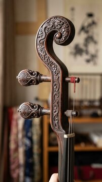 Close-up of an ornate, carved scroll and tuning pegs of a traditional Chinese Erhu instrument