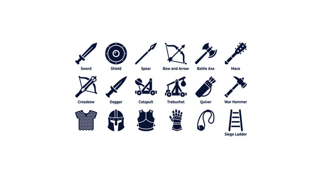 Ancient medieval weapons and armor glyph icon set