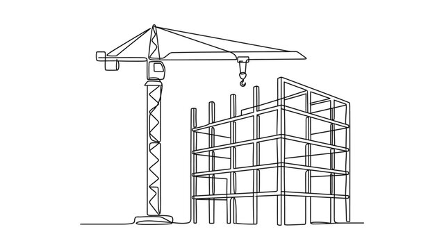 Continuous single line drawing of construction crane and building structure.