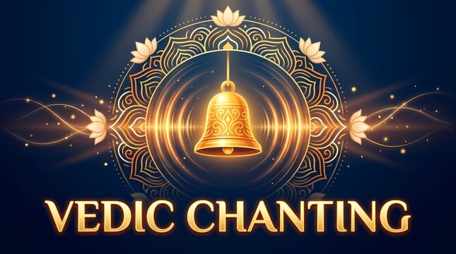 Vedic chanting concept with golden bell, lotus mandala, and sound waves on a dark blue background