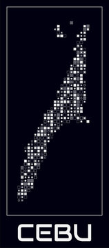 Cebu digital style map. Small square dots on dark background. Dotted shape of the island. Cebu map and title. Elegant vector illustration.