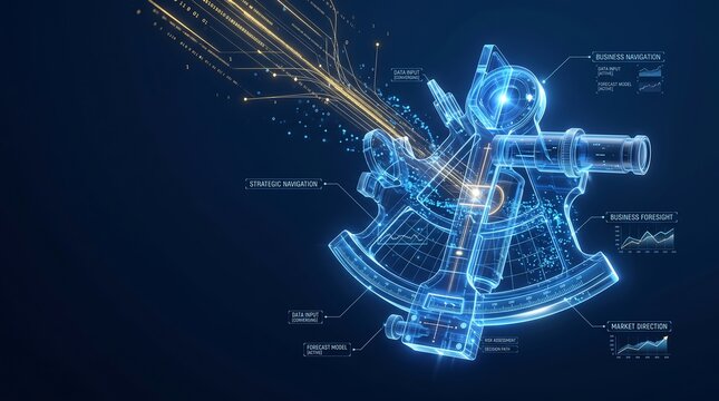 Sextant device rendered as a glowing holographic projection displays technical navigation data to represent strategic orientation and precise calculation in a modern corporate business environment.