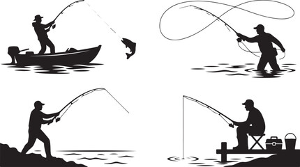 Fototapeta premium four fishing activity silhouettes isolated vector bundle.