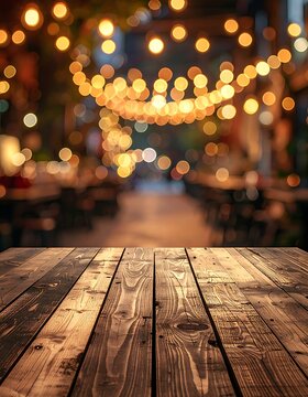 A wooden table in a blurred outdoor dining area at night