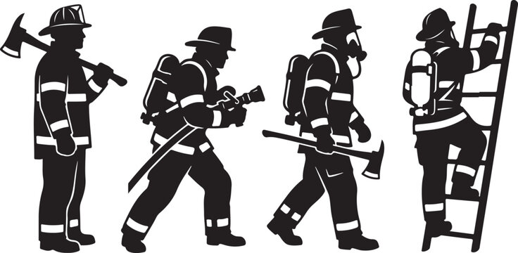four firefighter silhouettes black vector design set