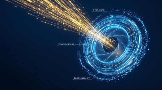 Hologram sensor emits a golden concentrated light beam hitting a rotating blue aperture representing strategic focus and the sharp clarity required for executive decision making in a company.