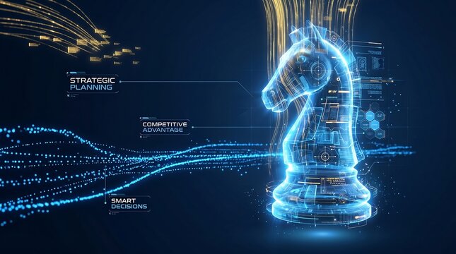 Chess knight illuminated by flowing golden data streams demonstrates how advanced analytics and strategic foresight drive market leadership in a modern, hyper-connected commercial landscape.