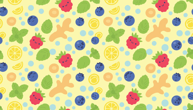 Seamless cute fruit pattern featuring smiling raspberries, blueberries, mint leaves, and lemon slices on yellow background.