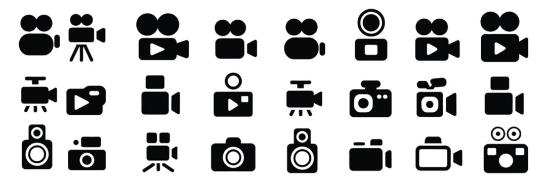 camera photo video icon set, photography recording and media symbols for capture, shooting, image and video production interface design vector illustration.