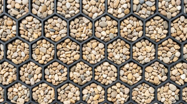 Small pebbles arranged within a honeycomb grid texture.