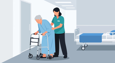 Fototapeta premium Nurse assists elderly woman with walker in hospital hallway