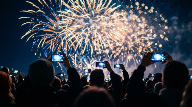 Abstract blurred crowd of young people watching holiday fireworks in the colorful sparks sky.