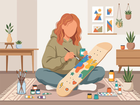 Flat vector illustration of a teenage girl with wavy red hair sitting on a rug and painting a custom skateboard deck with colorful designs in a cozy room filled with indoor plants.