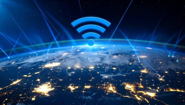 Earth with glowing Wi‑Fi symbol symbolizing worldwide digital connectivity