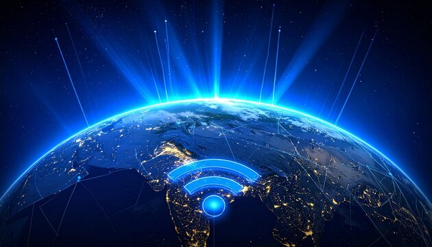 Earth with glowing Wi‑Fi symbol symbolizing worldwide digital connectivity