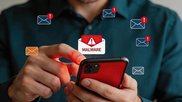 Man holding smartphone receiving malware alert notification, cybersecurity threat warning, phishing email attack concept, mobile security risk, dangerous virus infection on device