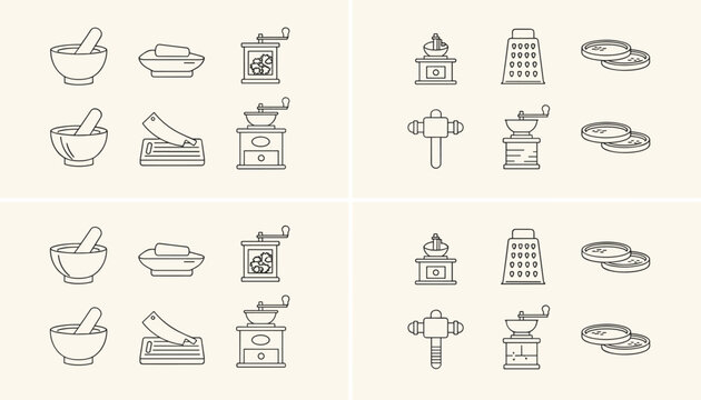Line art icons of kitchen tools including mortar and pestle, coffee grinder, grater, and meat tenderizer on cream background.