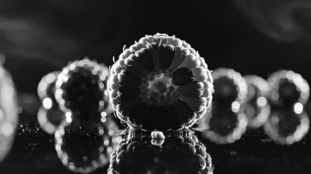 Black and white close up of raspberries arranged in a row with a dramatic lighting and reflective surface.