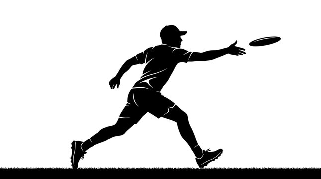 Silhouette of a man catching a frisbee, dynamic action pose, outdoor sport