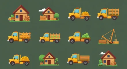 Gardinen Bauernhof Collection of cartoon construction vehicles and buildings.  © Raden