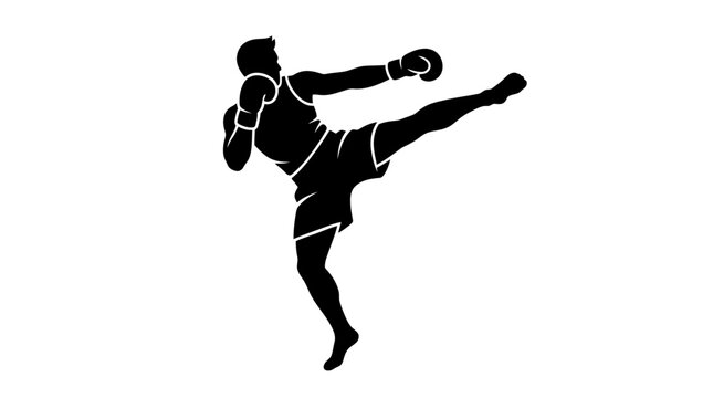 Silhouette of a Muay Thai fighter performing a flying kick against white background