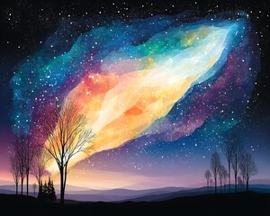 Fototapeta premium Space wallpaper meteor aesthetic vibrant colorful nebula glowing in night sky above silhouette of trees in peaceful landscape