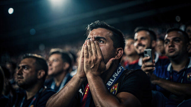 Stressed sports fan in stadium crowd faces intense viewers. Suitable for sportsrelated, fan reactions, pressure of competition concepts.