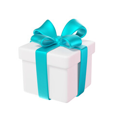 Obraz premium 3d White Gift box with turquoise ribbon and bow, isolated on background. Festive Present for Holiday, Birthday, Weddings, Valentine's day, Christmas, surprise, and shopping. 3d render. 