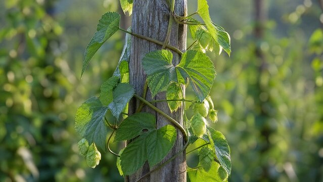 bine. Hops vine with soft stems twining around a weathered wooden stake, green leaves, morning light. gardening catalogs, home-decor guides, designed for home decor and floral branding.